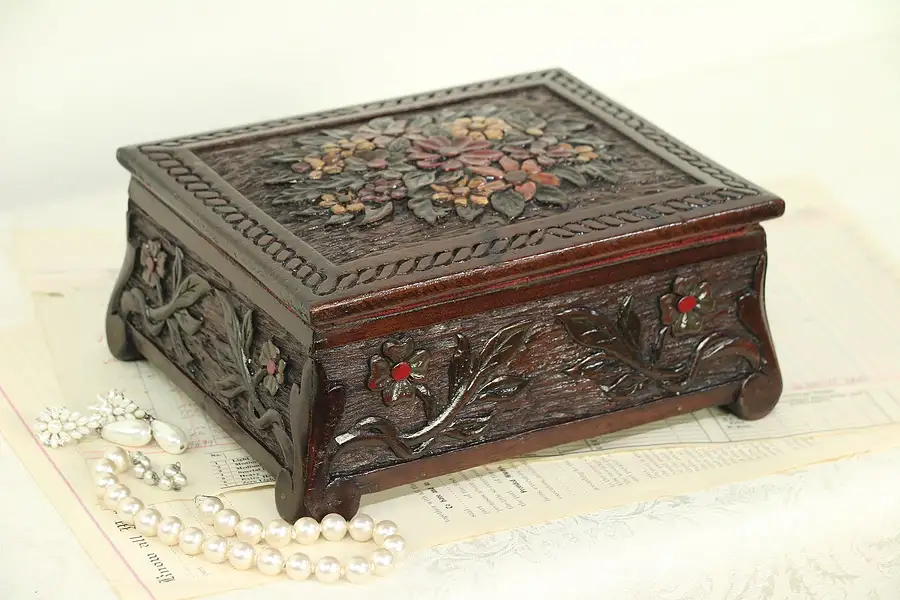 Main image of Hand Carved 1890 Antique Maple Jewelry Box, Hand Painted