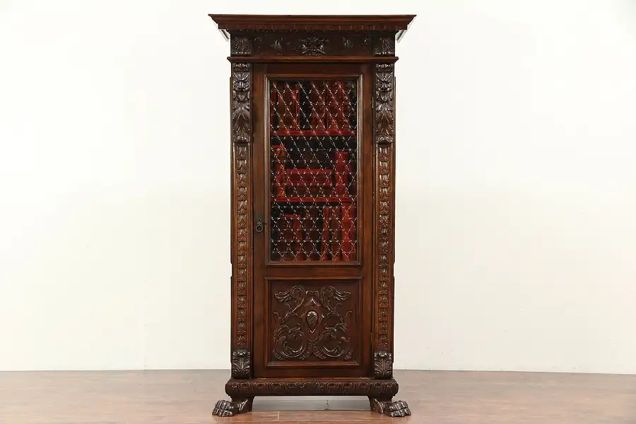 Main image of Italian Antique Library Bookcase, Stained Glass, Carved Lions & Paws