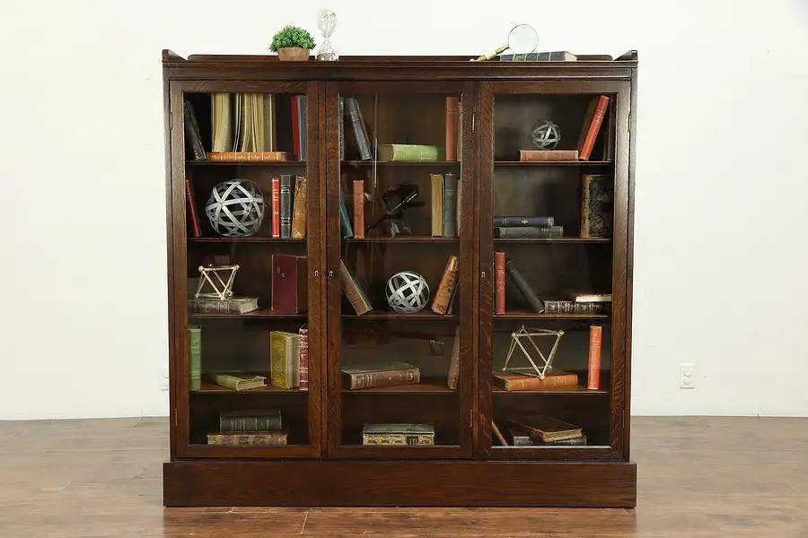 Main image of Oak Antique 1910 Triple Library Bookcase, Glass Doors, Adjustable Shelves