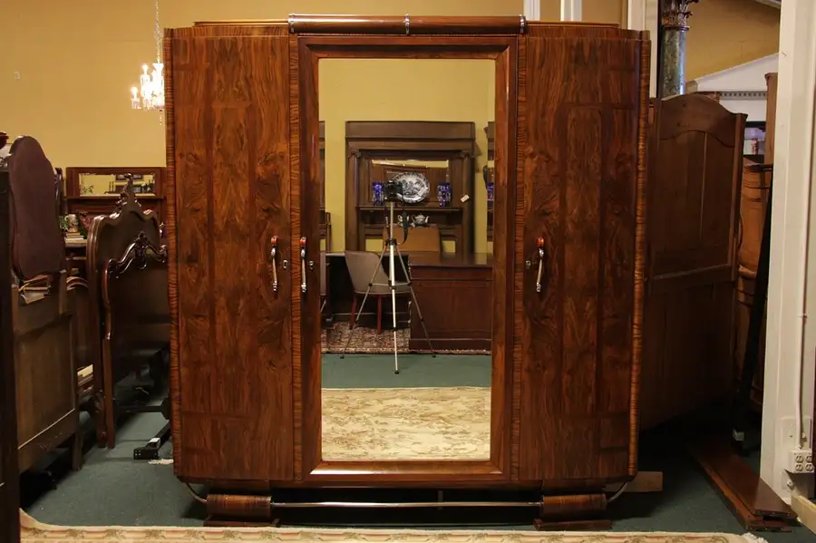 Main image of Art Deco Rosewood & Burl Armoire with Mirrored Doors