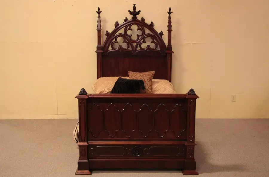 Main image of Victorian Gothic Carved Antique Twin Bed