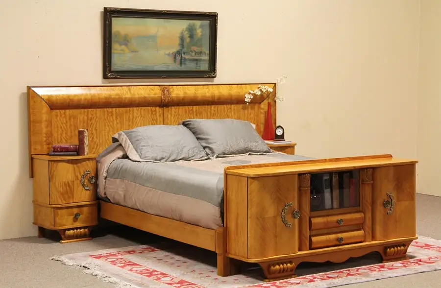 Main image of Art Deco Curly Birch Queen Bed, Nightstands