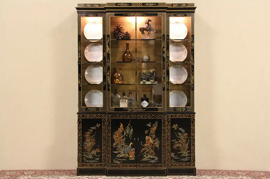 Main image of Drexel Black Lacquer Chinoiserie China Cabinet or Bookcase