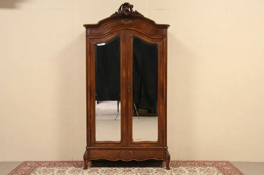 Main image of French Carved 1900 Antique Armoire, Beveled Mirror Doors