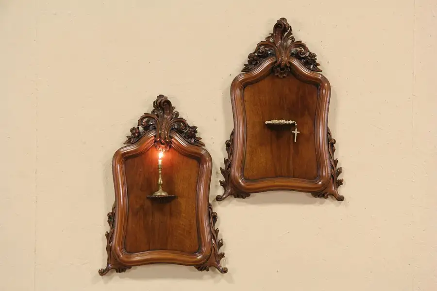 Main image of Pair of French Antique 1880 Salvage Hand Carved Crests
