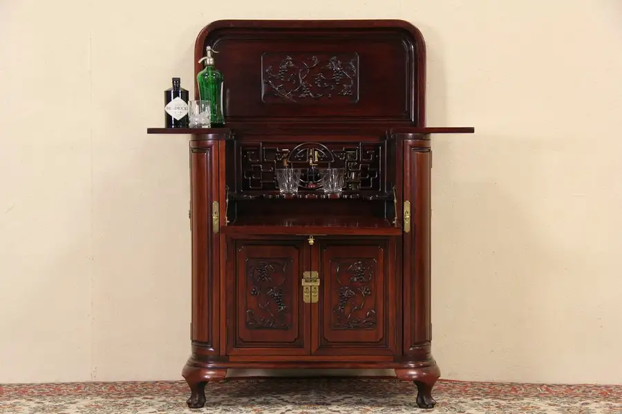 Main image of Chinese Carved Mahogany Vintage Bar Liquor Cabinet Server