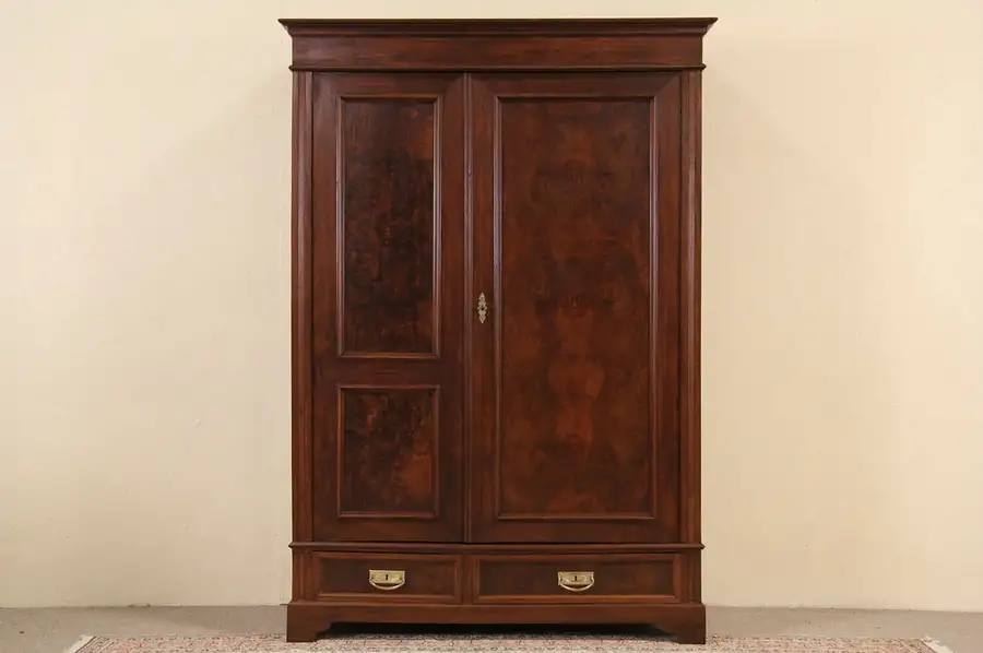 Main image of Walnut & Burl 1890 Antique Armoire, Wardrobe or Closet