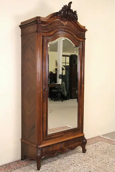Main image of Rosewood French 1910 Antique Carved Armoire, Beveled Mirror Door, Secret Drawer