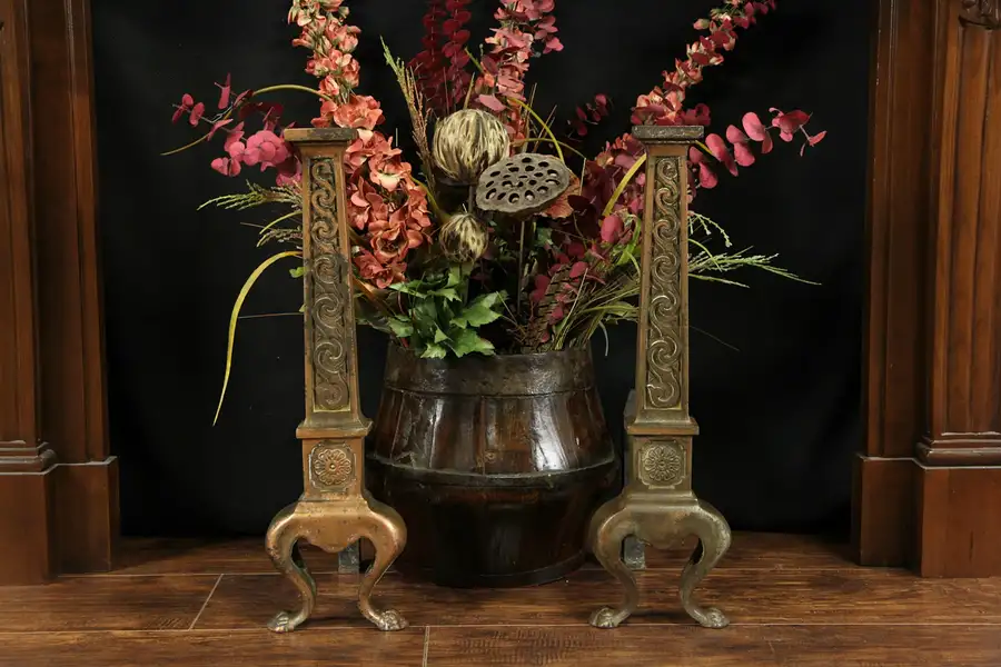 Main image of Arts & Crafts 1900 Antique Pair of Fireplace Andirons, Coppery Patina