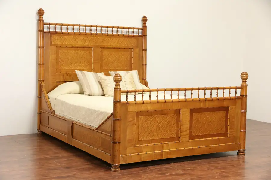Main image of Curly Birdseye Maple Bamboo Antique 1870's Queen Size Bed
