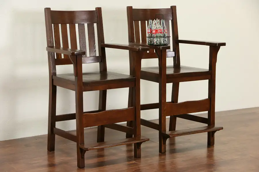 Main image of Pair of Arts & Crafts Mission Oak 1905 Antique Pool, Hall or Billiard Stools