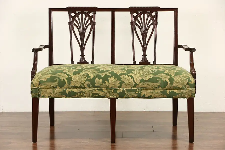 Main image of Hepplewhite Carved Mahogany 1930's Vintage Loveseat Hall Bench, New Upholstery