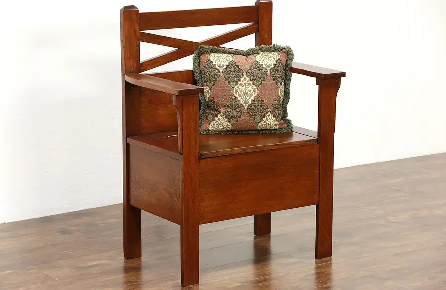 Main image of Arts & Crafts Mission Oak Antique Hall Bench, Lift Lid Seat