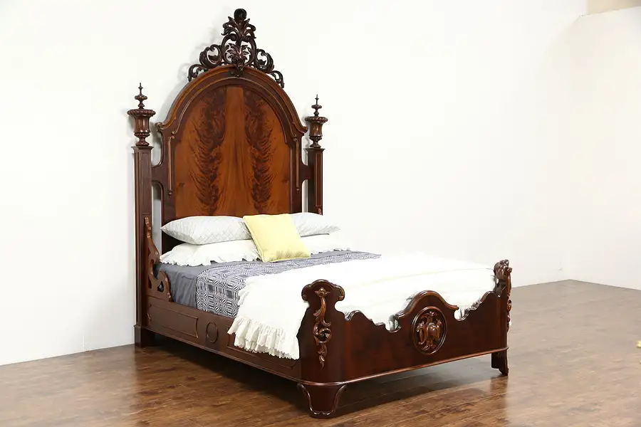Main image of Victorian Hand Carved 8' 7" Tall Antique 1860's Bed Adapted to Queen Size