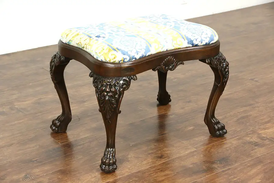 Main image of Carved Lion Head & Paw English 1930's Vintage Mahogany Bench or Footstool