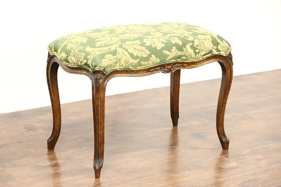 Main image of Country French Carved Antique 1920's Bench, New Upholstery