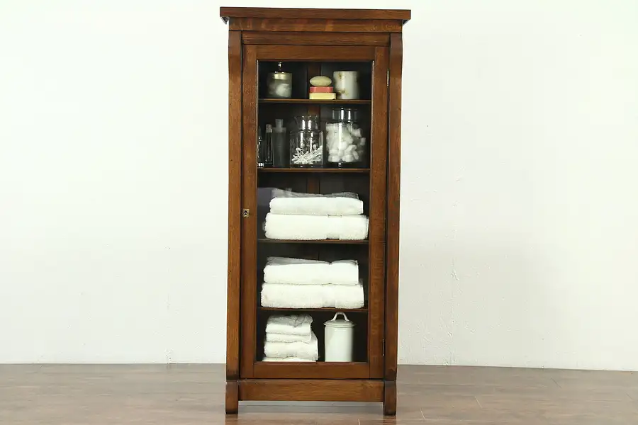 Main image of Oak 1900 Antique Empire Bookcase, Display or Bath Cabinet, Wavy Glass Door