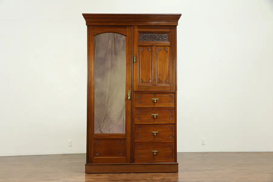 Main image of English Antique Carved Walnut Armoire Wardrobe or Closet, Mirror Door