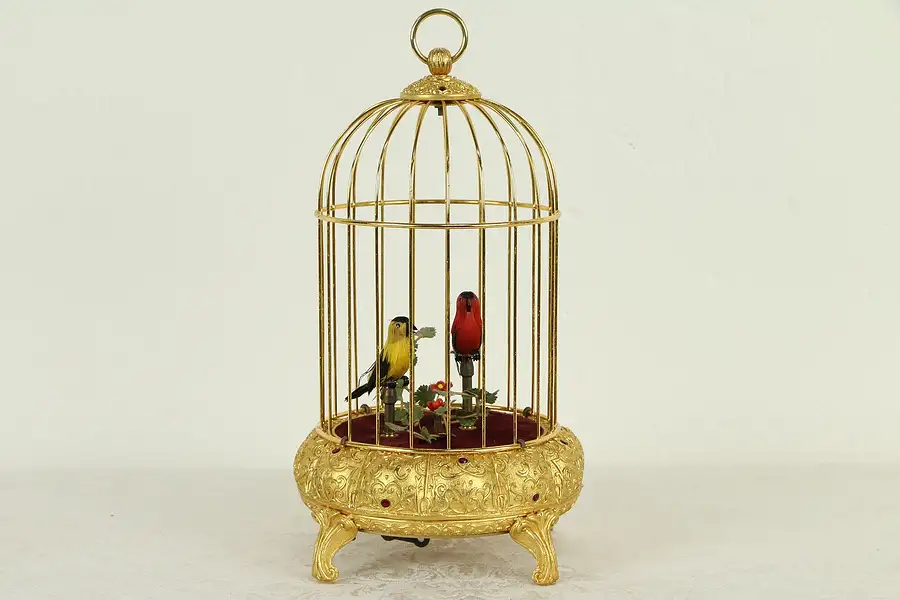 Main image of Singing Birds Automaton in Vintage German Jeweled Gold Birdcage