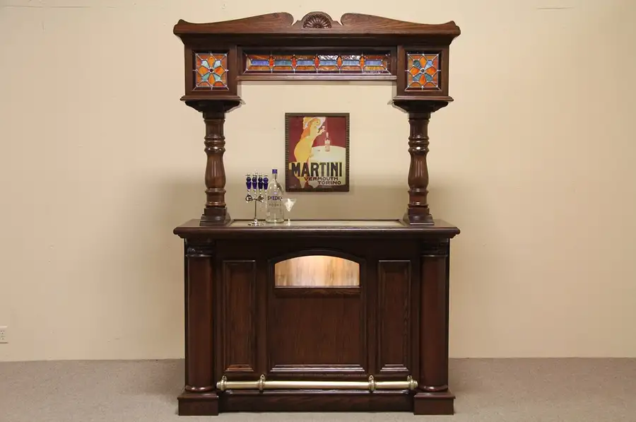 Main image of Victorian Oak Bar, Leaded Glass, Brass Rail