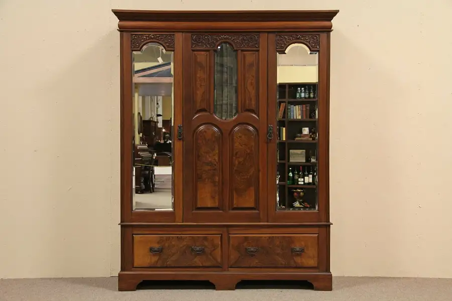 Main image of Carved Antique Armoire Wardrobe, Beveled Mirrors