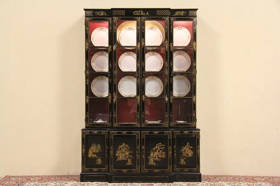 Main image of Chinoiserie Lacquered Vintage Breakfront China Cabinet or Bookcase