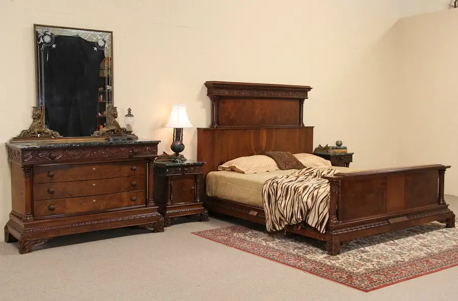 Main image of Classical King Size Carved 1925 Italian Bedroom Set, Bed, Nightstands, Dresser