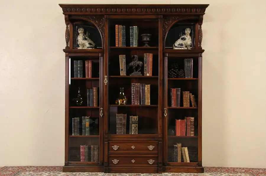 Main image of Victorian 1890 Antique Cherry Triple Bookcase, Beveled Glass Doors