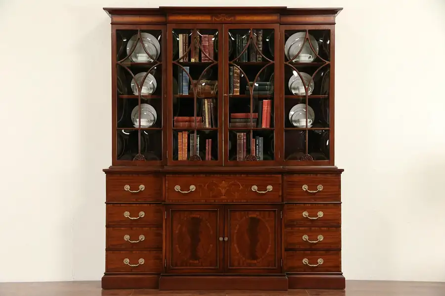 Main image of Traditional Vintage Breakfront China Cabinet or Bookcase, Mahogany & Marquetry