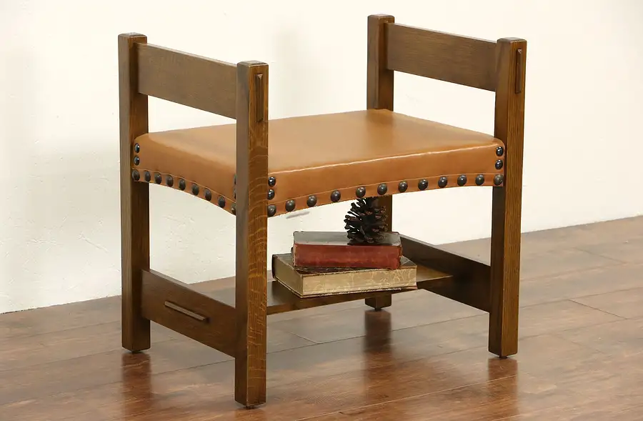 Main image of Arts & Crafts Mission Oak Style Leather Bench with Arms