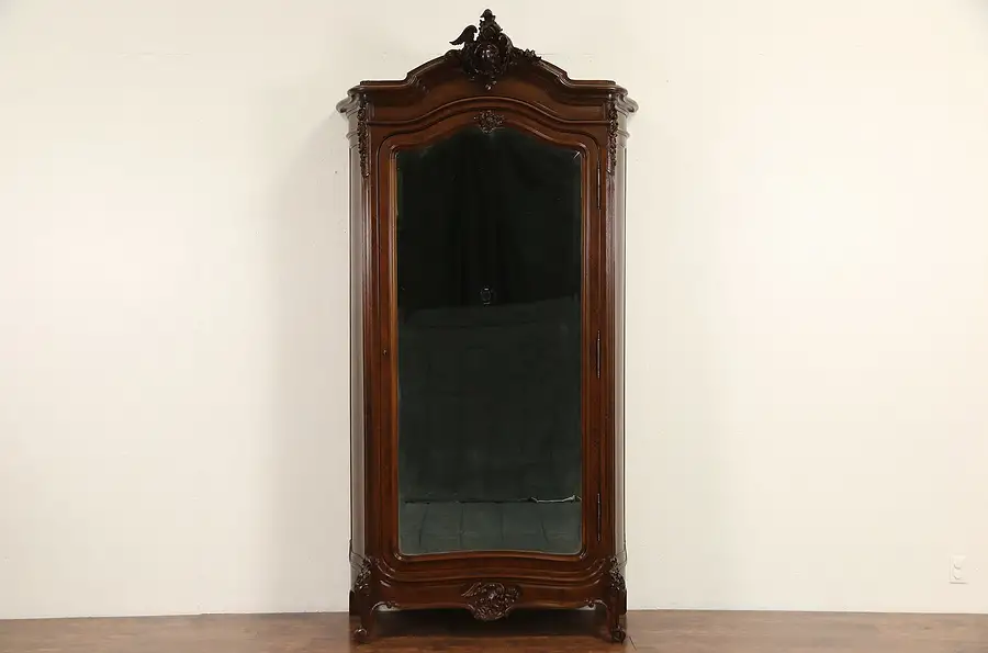 Main image of French 1900 Antique Hand Carved Walnut Armoire, Beveled Mirror Door