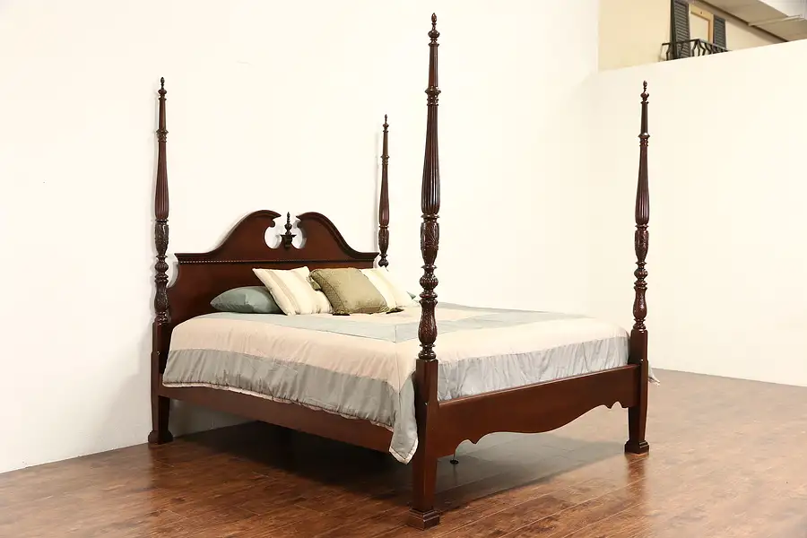 Main image of King Size Rice Plantation 4 Poster Bed, Carved Mahogany & Cherry