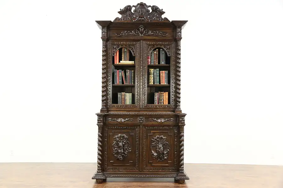 Main image of Black Forest Antique 1890 Oak Bookcase or China Cabinet Carved Bird & Game Motif