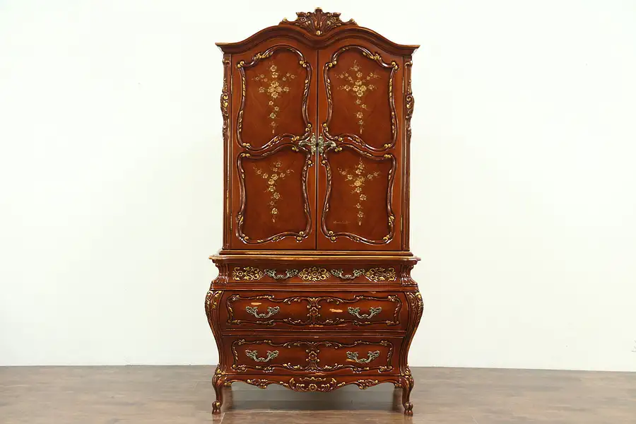 Main image of Baroque Carved Cherry Vintage Armoire Chifferobe, Hand Painted Signed Montalbano