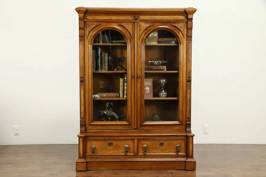 Main image of Victorian Antique 1870 Walnut & Burl Library Bookcase, All Original