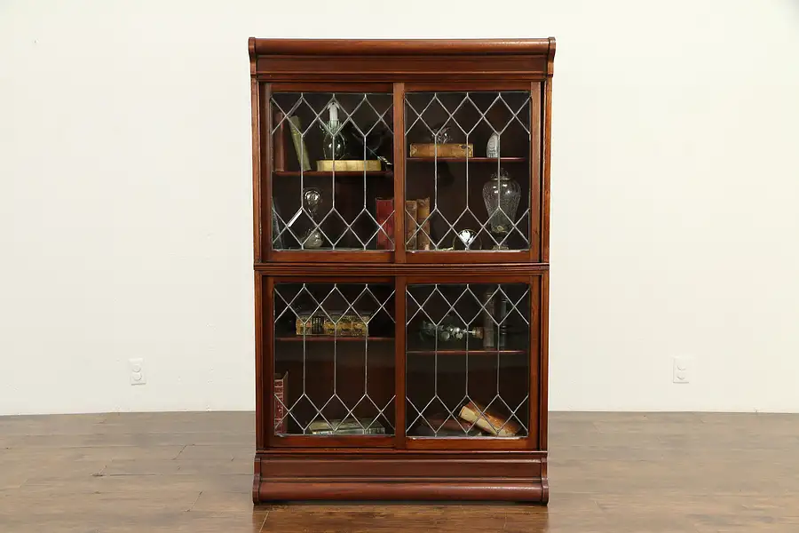 Main image of Stacking Antique Bookcase Bath Cabinet Leaded Glass Sliding Doors, Danner