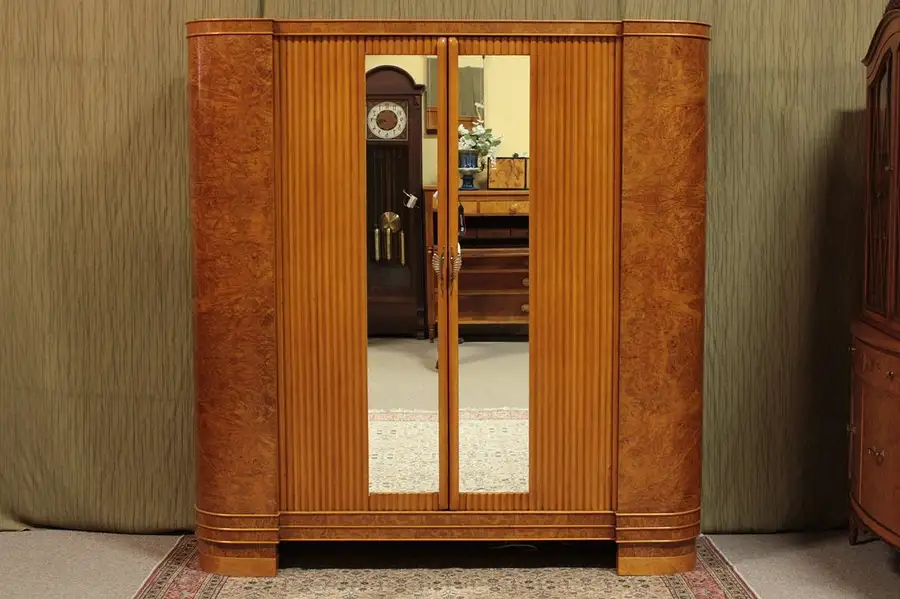 Main image of Art Deco Burl Foyer Armoire or Coat Closet