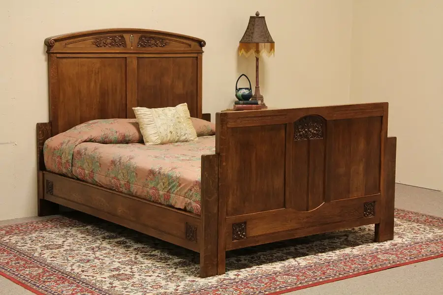 Main image of Art Nouveau Queen Size Oak Bed, Carved Cherries