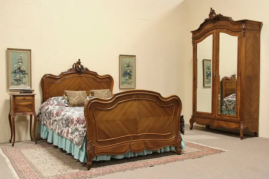 Main image of French Carved Queen Size 1890 Antique Three Piece Bed Set