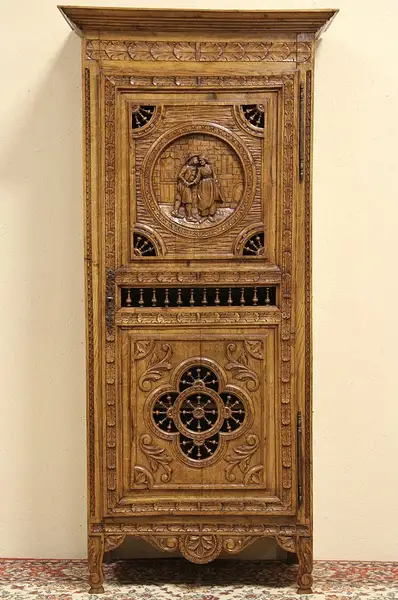 Main image of Brittany Carved Antique Oak 1895 Armoire or Cupboard