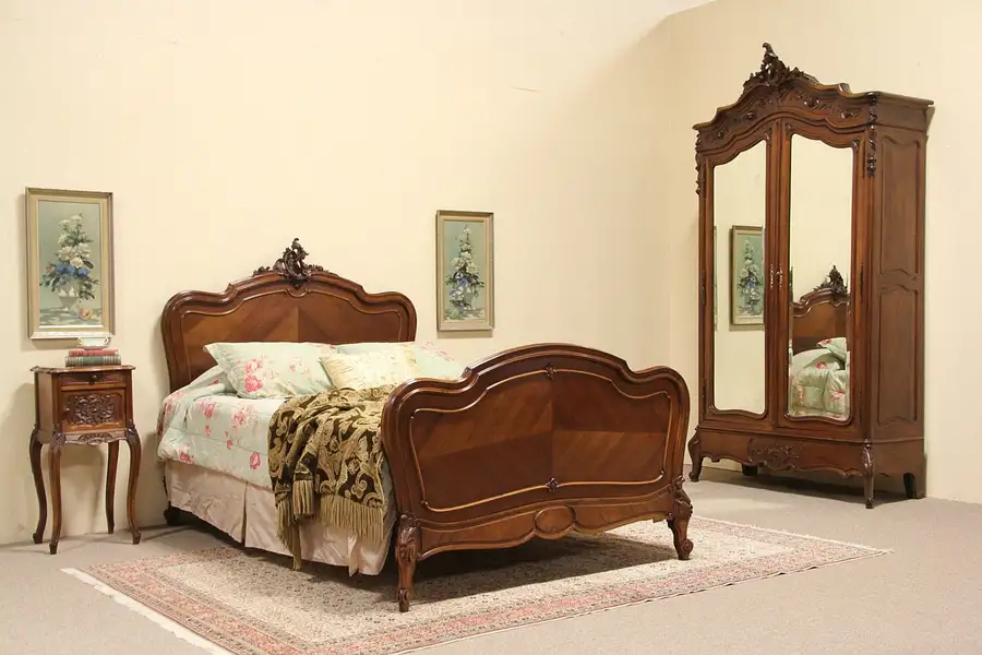 Main image of Country French 1900 Carved Queen Size Bed, Armoire and Night Stand