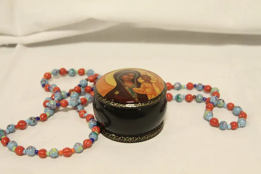 Main image of Russian Vintage Round Lacquer Box, Hand Painted Traditional Madonna & Child