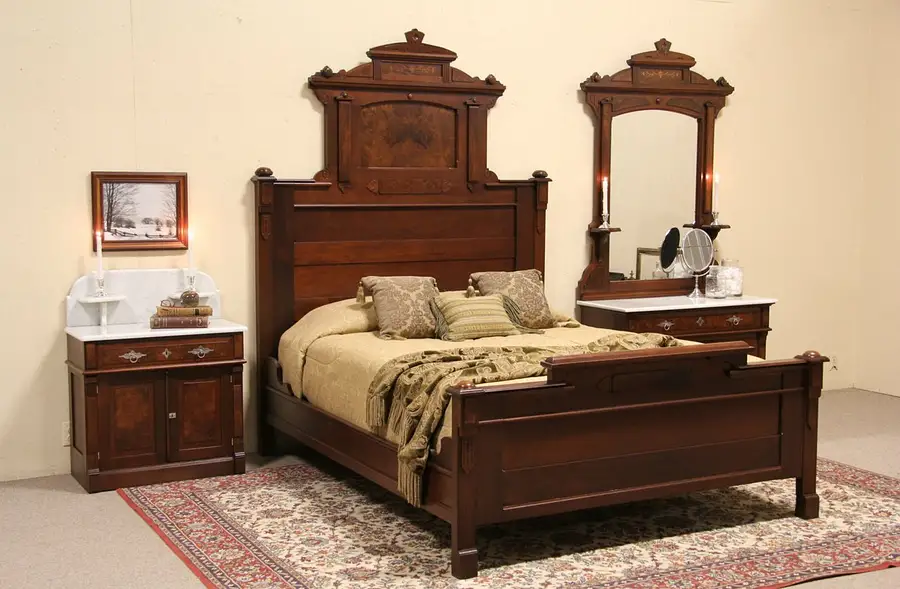Main image of Victorian Renaissance 3 Pc. Antique 1885 Queen Size Carved Bedroom Set