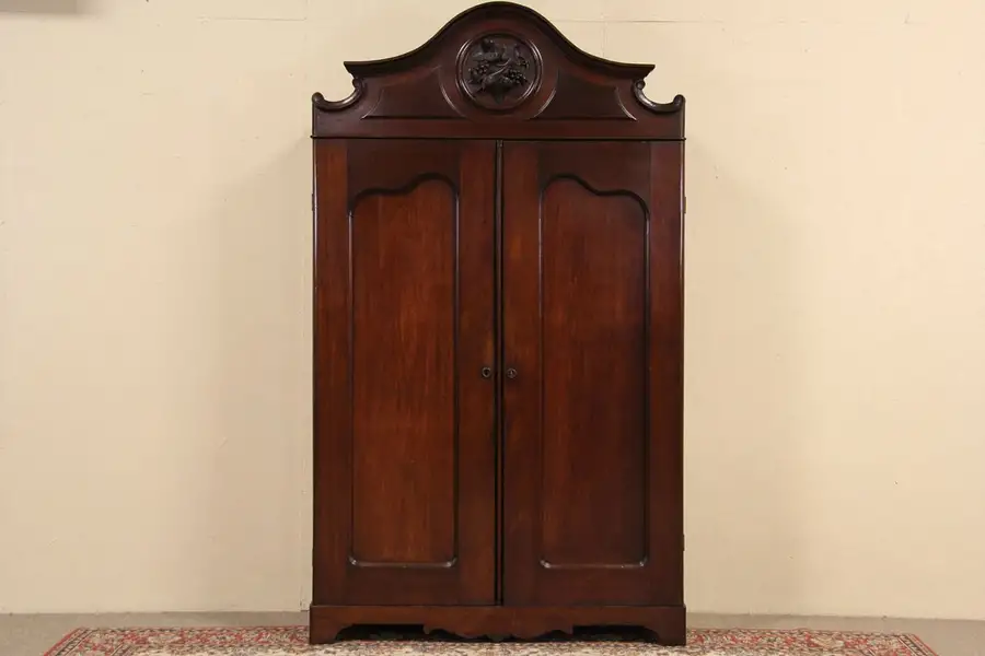 Main image of Victorian 1865 Antique Walnut Armoire, Carved Grapes Crest
