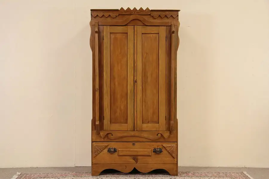 Main image of Norwegian Immigrant Hand Carved 1880 Antique Pine Armoire