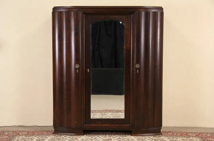 Main image of Art Deco 1930 Vintage Oak Armoire or Closet