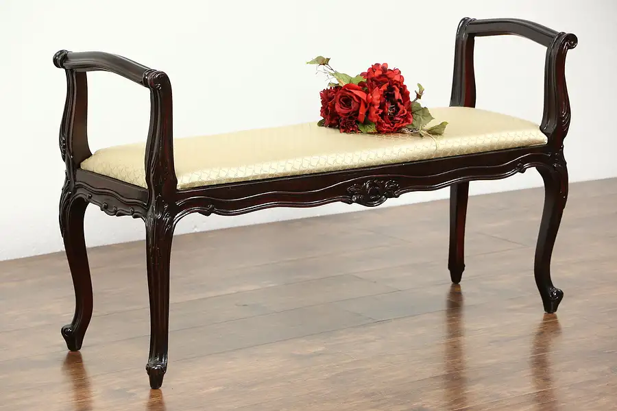 Main image of Carved Vintage Fruitwood Bench with Arms, New Upholstery