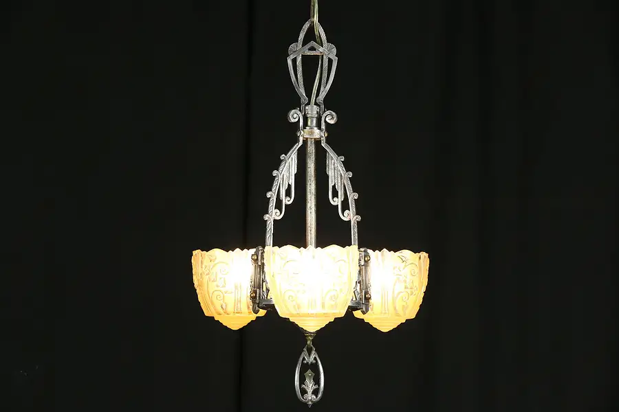 Main image of Antique Art Deco 1925 Chandelier, Etched Glass Shades, Pewter Finish