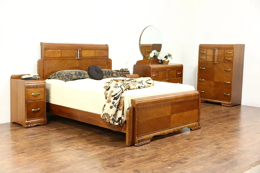 Main image of Art Deco Waterfall 5 Pc. Vintage Bedroom Set, Queen Size Bed, Signed Lenoir
