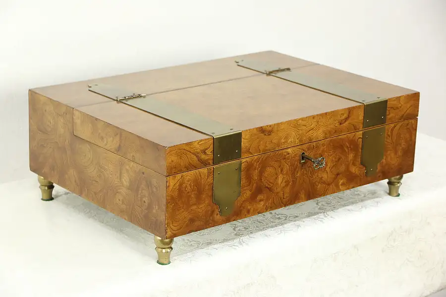 Main image of Jewelry Chest, Signed Drexel, Vintage Burl & Brass Jewel Box